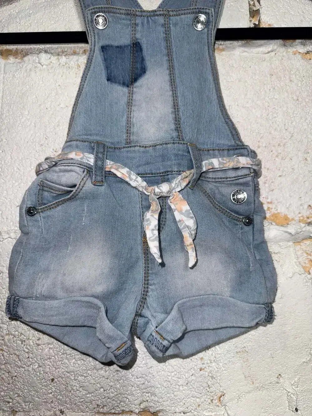 7 For All Mankind Toddler Girls Denim Shortalls with Floral Belt, Size 24M
